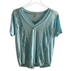 POL Relaxed Fit Inset Lace Outseam Detail Short Sleeves V-Neck T-Shirt Blue NWT